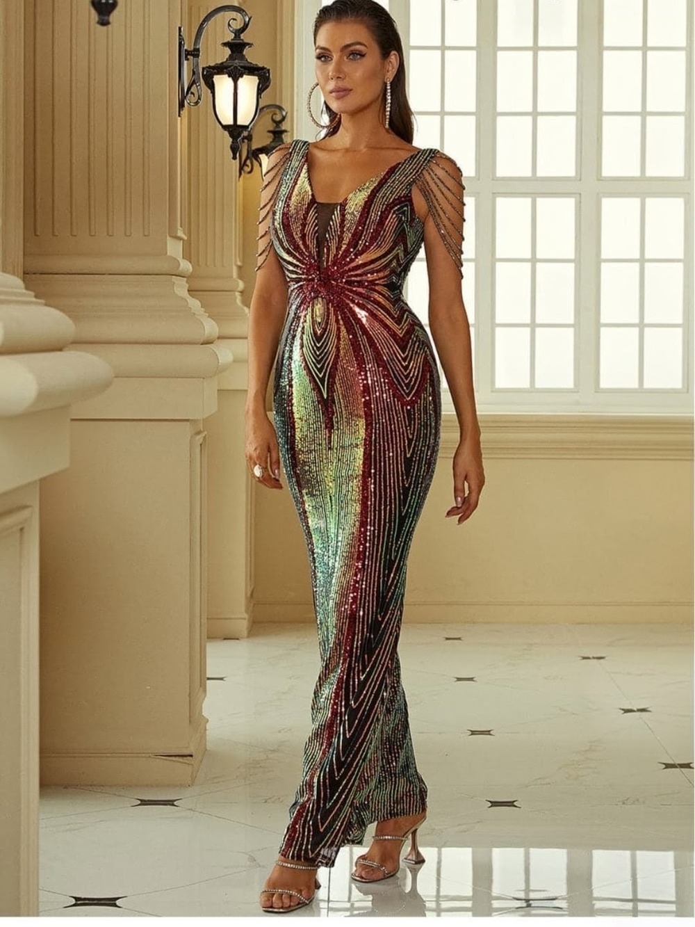 Sequin Beaded Evening Gown - Multicolor - Picture 5 of 16